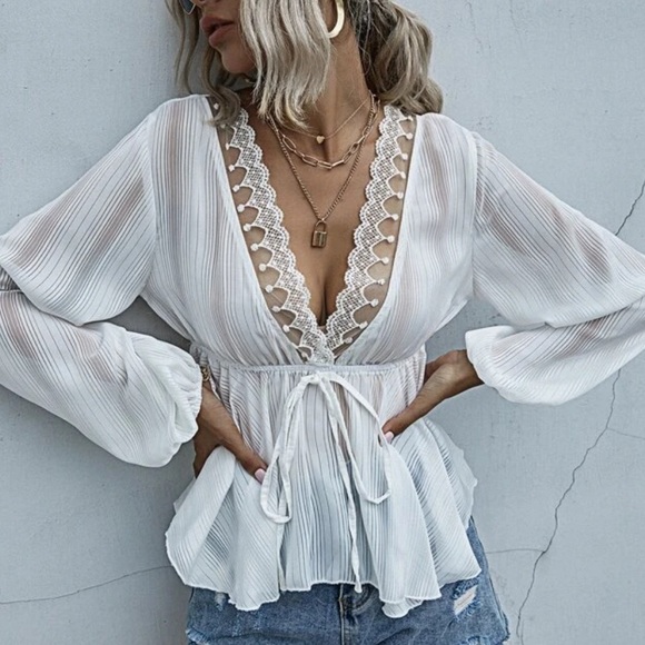 Striped lace v neck boho long sleeve gypsy maroon - Picture 5 of 6